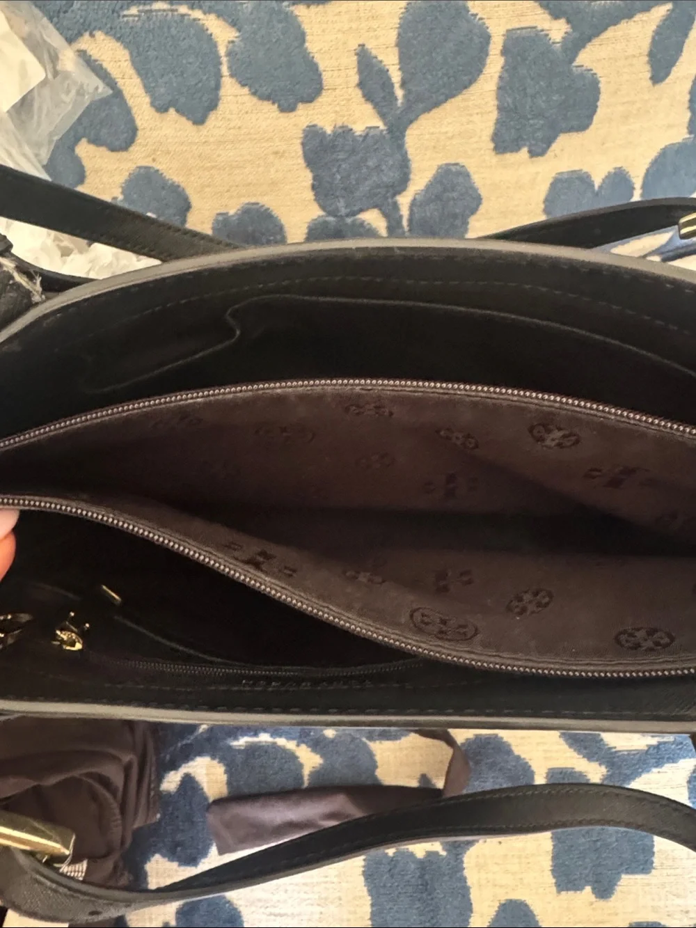 Tory Burch Black Leather Double-Handle Tote with Gold Logo